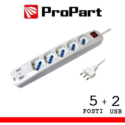 Multipresa 5pos bipasso/schuko + USB spina16A +interr.