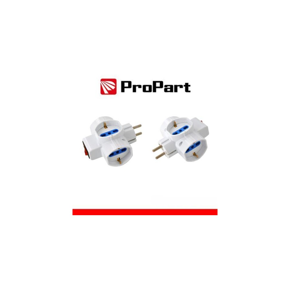 Adattatore 3 prese 2P+T 10/16A bipasso/Schuko con interrutt. Spina Schuko