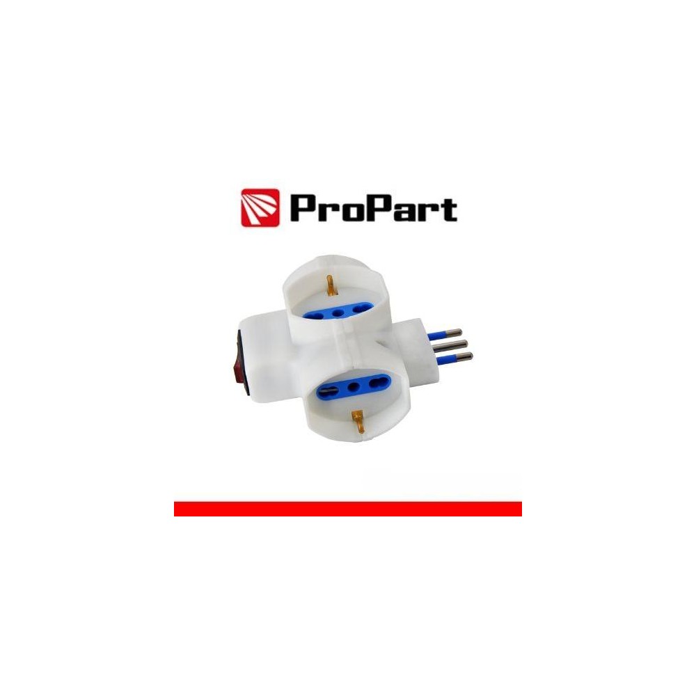 Adattatore 3 prese 2P+T 10/16A bipasso/Schuko con interrutt. Spina 10A