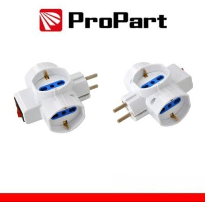 Adattatore 3 prese 2P+T 10/16A bipasso/Schuko con interrutt. Spina Schuko