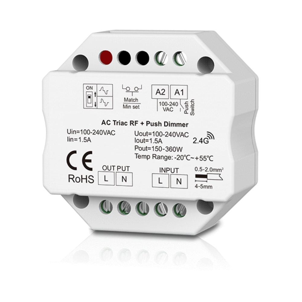 Dimmer LED 1 Canale RF 2.4G + Push 230V – Taglio di Fase Leading/Trailing